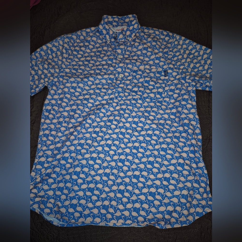 Chubbies Men's Short Sleeve Quarter Button Up Shirt Size M Flamingos All Over